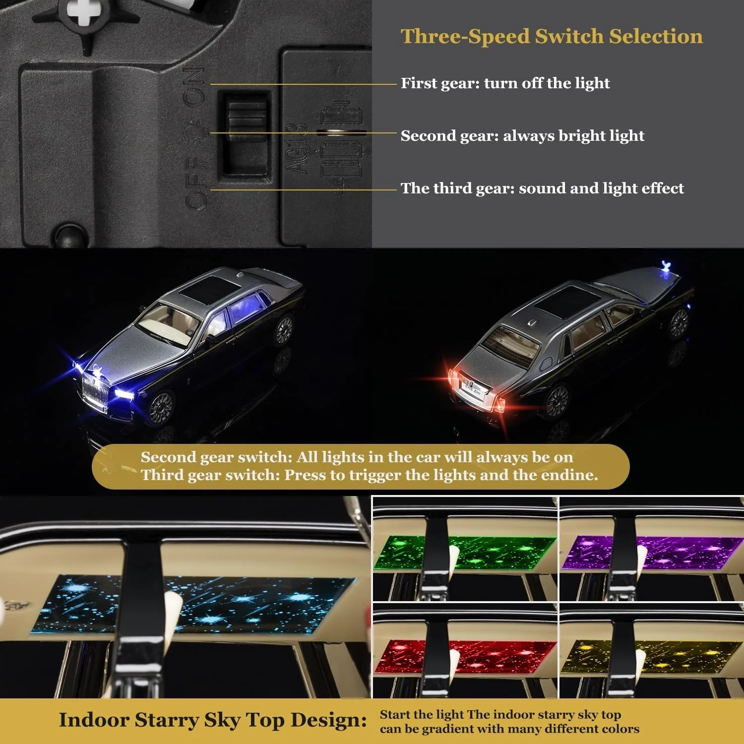 Rolls Royce Phantom Model Car 1:24 Scale Exclusive Alloy Metal Car Pull Back Die-cast Toy with Openable Doors & Light MusicColors As Per Stock (Rolls Royce Phantom) - Image 3