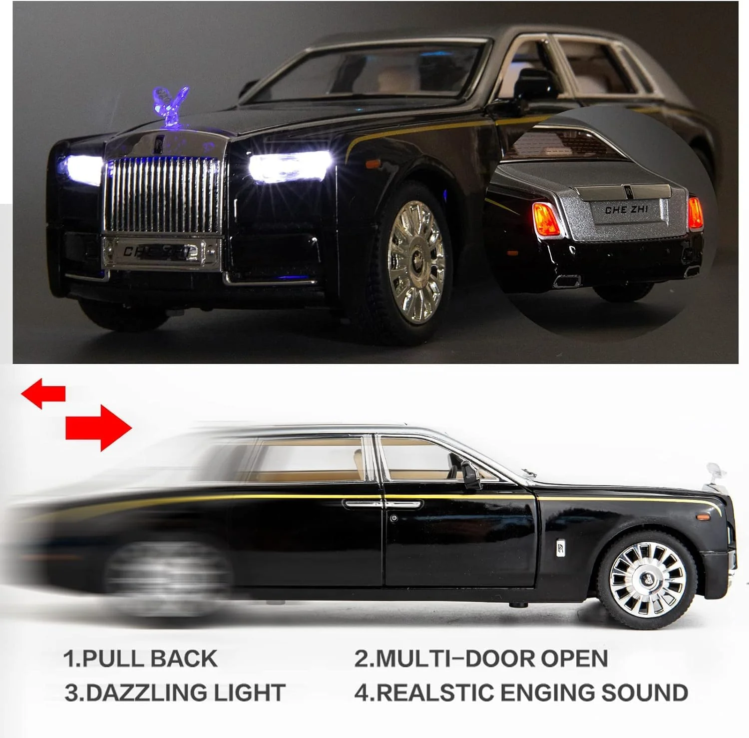 Rolls Royce Phantom Model Car 1:24 Scale Exclusive Alloy Metal Car Pull Back Die-cast Toy with Openable Doors & Light MusicColors As Per Stock (Rolls Royce Phantom) - Image 4