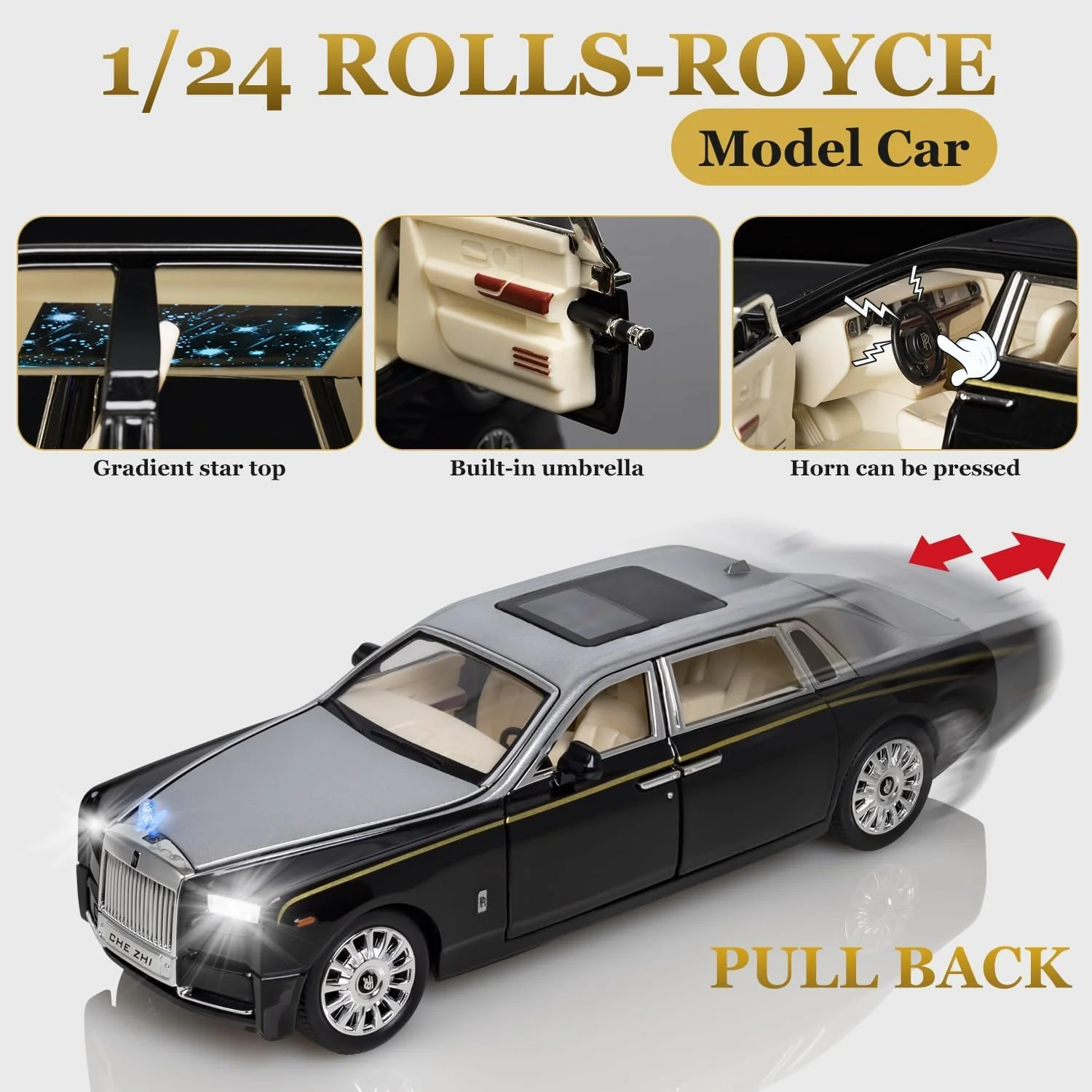 Rolls Royce Phantom Model Car 1:24 Scale Exclusive Alloy Metal Car Pull Back Die-cast Toy with Openable Doors & Light MusicColors As Per Stock (Rolls Royce Phantom) - Image 8